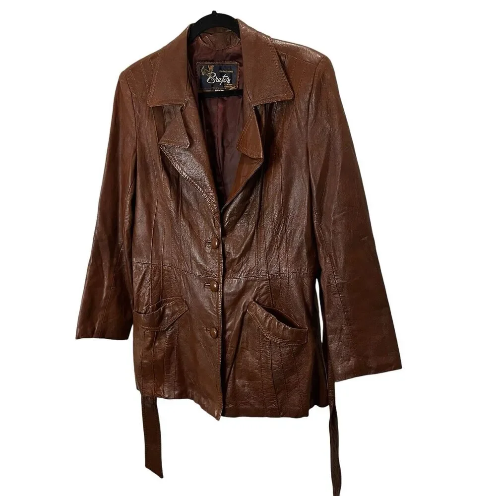 Women's Breton Brown Genuine Leather Western Button Belted Jacket Size L Boho